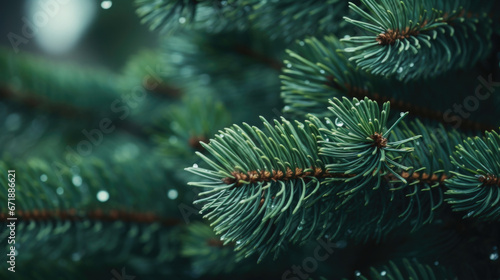 A closeup of a pine bough, with each individual needle perfectly aligned and overlapping, creating a smooth and velvety surface. © Justlight