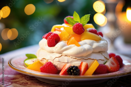 Closeup of a light and airy pavlova, a popular Christmas dessert in Australia and New Zealand. The dessert is made with a crispy meringue shell, topped with fresh fruits and whipped cream,