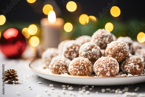 A closeup of a plate full of traditional Christmas cookies, but a them are also healthy energy balls, showing the importance of selfcare and balance during this indulgent time of year.