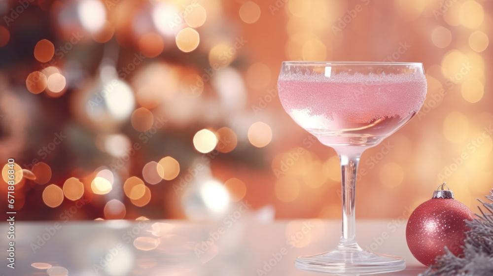 A frosty glass of sparkling ros?, its rosy hue glistening in the ling lights of the Christmas tree in the background. A frosty glass of sparkling ros?, its rosy hue glistening in the ling lights of the Christmas tree in the background.