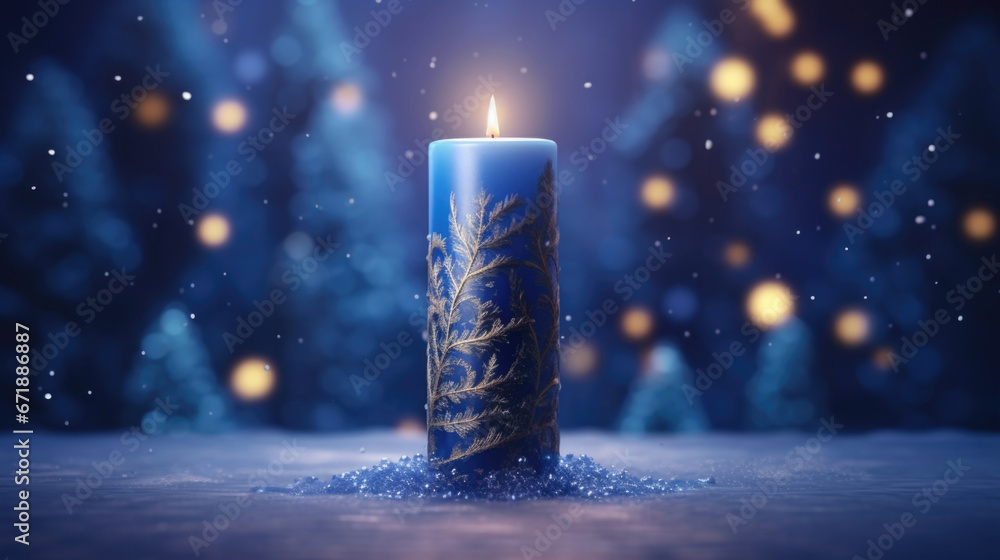 A tall, slender pillar candle in deep, rich shades of blue, symbolizing