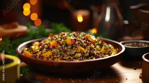 Closeup of a colorful and flavorful quinoa salad, featuring leftover roasted vegetables and a tangy lemon vinaigrette. photo