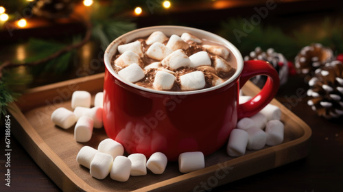 Closeup of a batch of hot chocolate ss, with mini marshmallows and crushed peppermint pieces on top, perfect for stirring into a warm cup of cocoa.