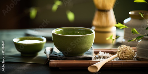 A closeup of a rare and highly coveted matcha tea set, complete with a bamboo whisk and ceramic bowl. This traditional Japanese tea ceremony is a cherished cultural practice.