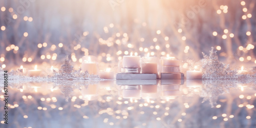 Soft pastel bokeh lights reflecting on a mirrored surface, creating an ethereal and dreamy holiday setting.