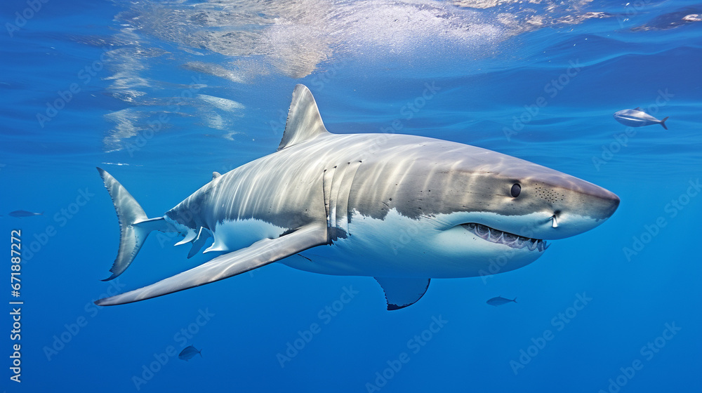 Large shark in clear, calm ocean waters, gliding through a vast expanse of blue, creating a serene aquatic scene Large shark in clear, calm ocean waters, gliding through a vast expanse of blue, creating a serene aquatic scene