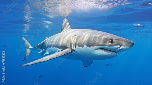 Large shark in clear, calm ocean waters, gliding through a vast expanse of blue, creating a serene aquatic scene © wetzkaz