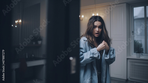 A Caucasian adult woman stands in the bedroom and has heard a noise in the apartment on the ground floor, crime drama thriller, she is afraid photo