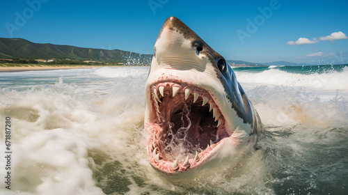 shark attack at the beach. A shark attack at the beach  a menacing shark with jaws wide open  hunting in the ocean at the beach or coastline