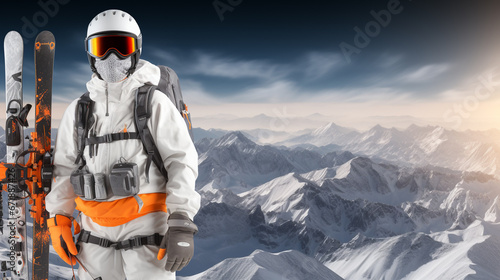 Young skier in white snowsuit enjoying mountain adventure