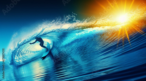 Skilled surfer conquers dynamic wave in the sun. © wetzkaz