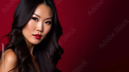 Obraz Studio portrait photo of a young beautiful Asian woman on red background, fashion concept, makeup and perfect skin, hair care, image generated by AI
