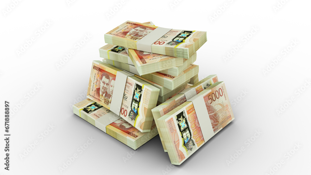 3d rendering of Stacks of 5000 Jamaican dollar notes. bundles of Jamaican currency notes isolated on transparent background 3d rendering of Stacks of 5000 Jamaican dollar notes. bundles of Jamaican currency notes isolated on transparent background