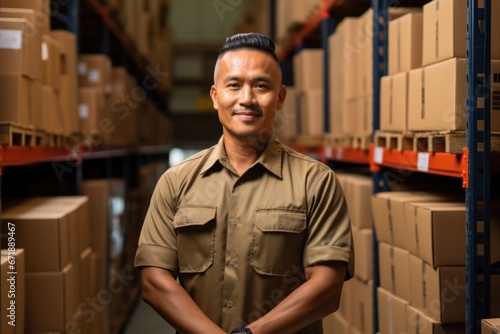 Asian Man Shipping And Receiving Clerk Attractive Backdrop Generative AI © Johnathan