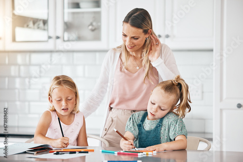 Принти на полотні Homework, education and learning during homeschool lesson with their mother on the kitchen counter