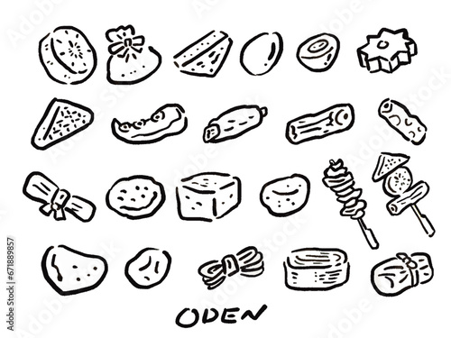 線画、おでん、大根、冬、餅巾着、厚揚げ、煮卵、卵、ちくわぶ、ちくわ、こんにゃく、たこ、ごぼう巻き、さつま揚げ、昆布、豆腐、焼豆腐、つみれ、牛すじ、串、おでん串、はんぺん、じゃがいも、煮物、だし、白滝、だし巻き卵、卵焼き、ロールキャベツ、具材、イラスト、食べ物、料理、ベクター、セット、食品、食事、手描き、ご飯、アイコン、フード、食材、食物、日本、和食、屋台、居酒屋、メニュー、コンビニ、おかず