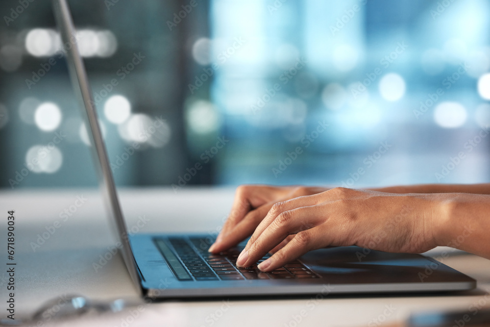 Laptop, night hands and woman typing finance portfolio feedback, stock market database or cloud computing. Forex investment budget, web data analysis and online trader trading NFT, bitcoin or crypto Laptop, night hands and woman typing finance portfolio feedback, stock market database or cloud computing. Forex investment budget, web data analysis and online trader trading NFT, bitcoin or crypto