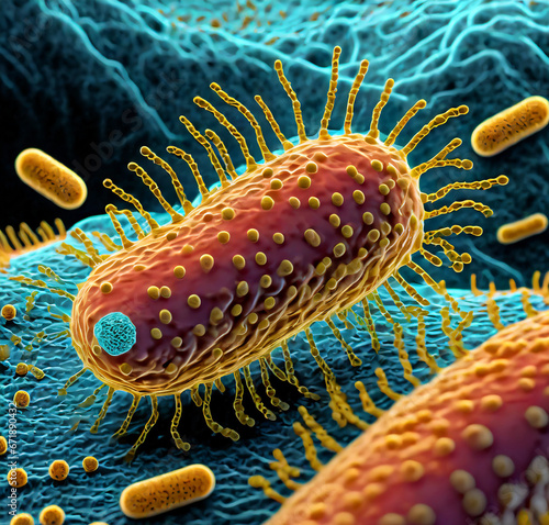  3D rendered illustration of Escherichia coli with cell wall, concentric membranes studded with transmembrane proteins. A large flagellar motor crosses the entire wall photo