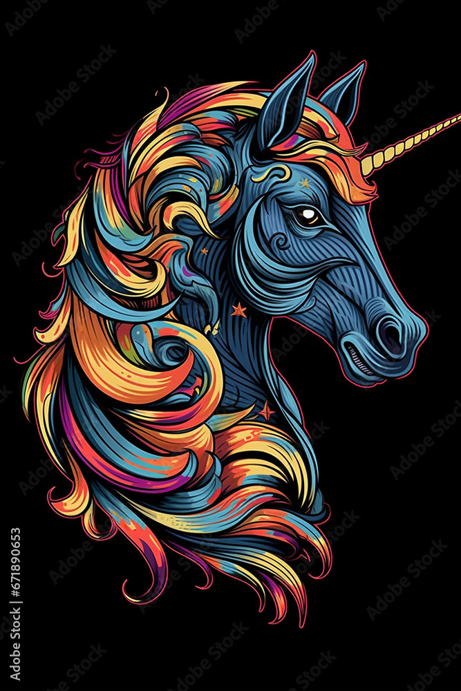 Beautiful horse hand drawn unicorn isolated illustration black background picture AI generated art