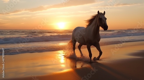 Beautiful horse running beach at sunset photo Ai generated art © Biplob