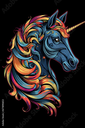 Beautiful horse hand drawn unicorn isolated illustration black background picture AI generated art © Biplob