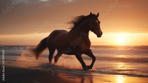 Beautiful horse running beach at sunset photo Ai generated art © Biplob