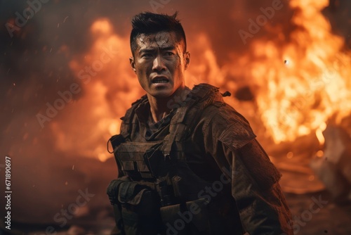Asian Man Soldier Industry Attractive Setting Generative AI