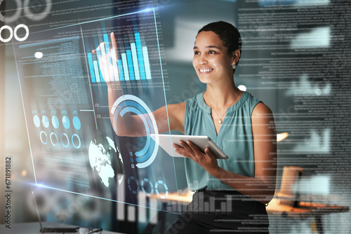Black woman with tablet, smile and dashboard overlay for erp data innovation, research and programming in future technology. Futuristic analytics, IT management and startup business website software.