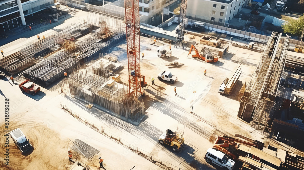 Aerial top view of construction site with cranes Aerial top view of construction site with cranes