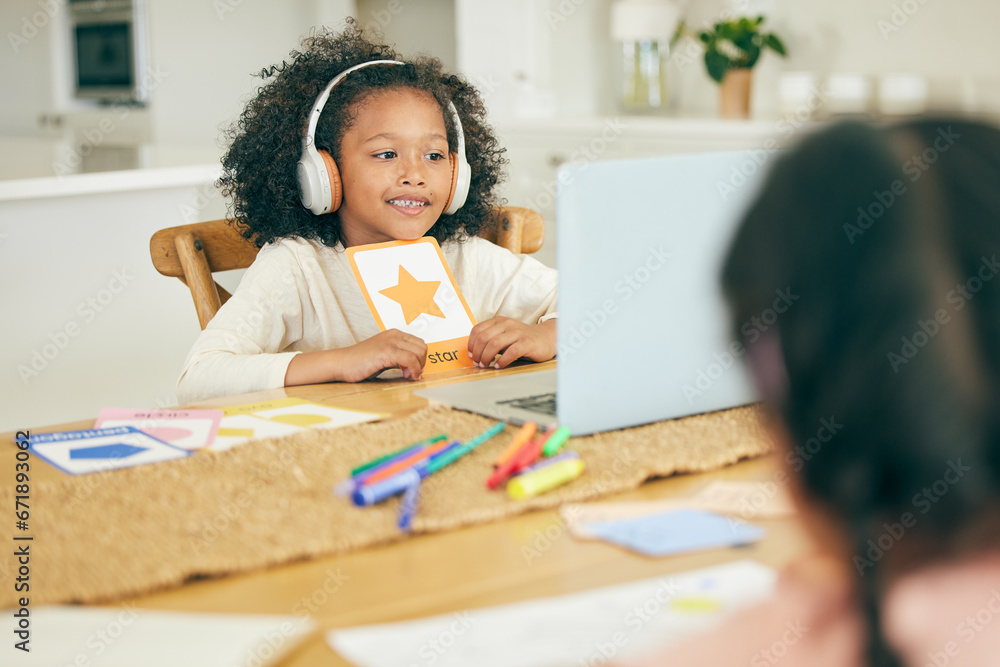 Shape, video call or happy kid with laptop for education, remote learning or knowledge in online class at home. Girl, child or kindergarten student ready for elearning assessment test or studying Shape, video call or happy kid with laptop for education, remote learning or knowledge in online class at home. Girl, child or kindergarten student ready for elearning assessment test or studying
