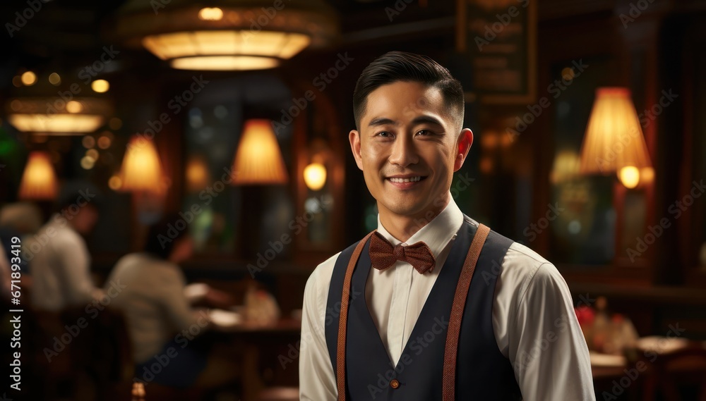 Asian Man Waiter Professional Backdrop Generative AI Asian Man Waiter Professional Backdrop Generative AI