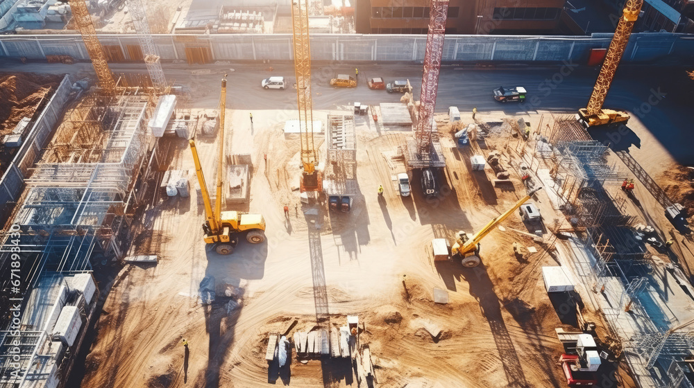Aerial top view of construction site with cranes - obrazy, fototapety, plakaty 