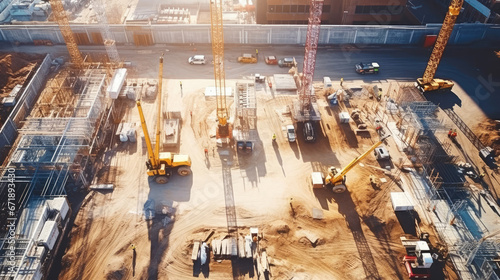 Aerial top view of construction site with cranes photo