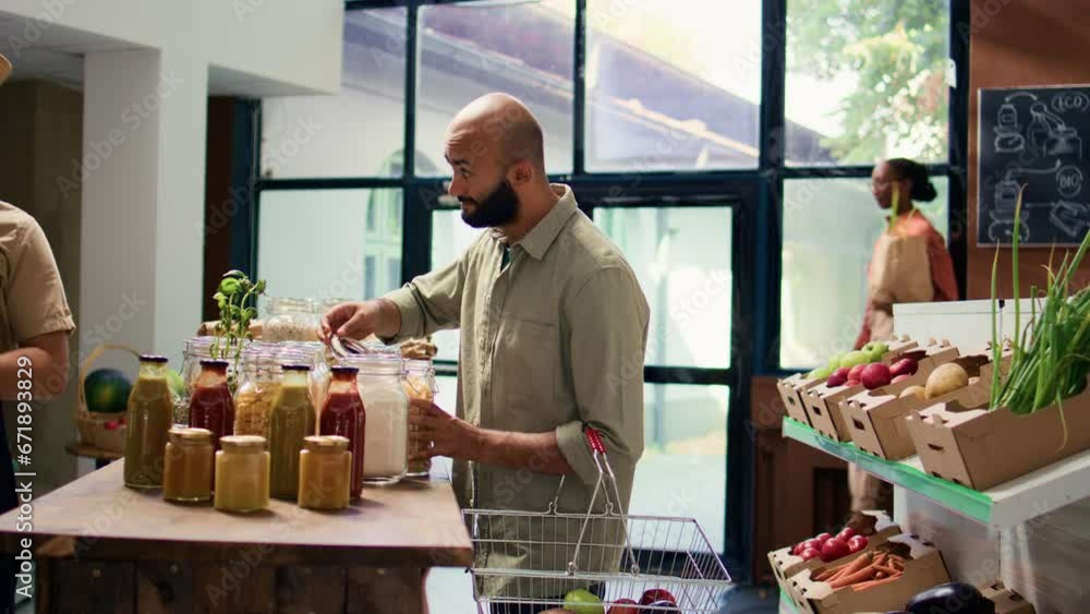 Buyer examining organic pantry supplies in reusable glass containers, looking to buy ecological products from sustainable local farmers market. Bio store with natural food, vegan lifestyle. Buyer examining organic pantry supplies in reusable glass containers, looking to buy ecological products from sustainable local farmers market. Bio store with natural food, vegan lifestyle.