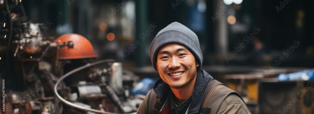 Asian Man Welder Occupation Attractive Backdrop Generative AI