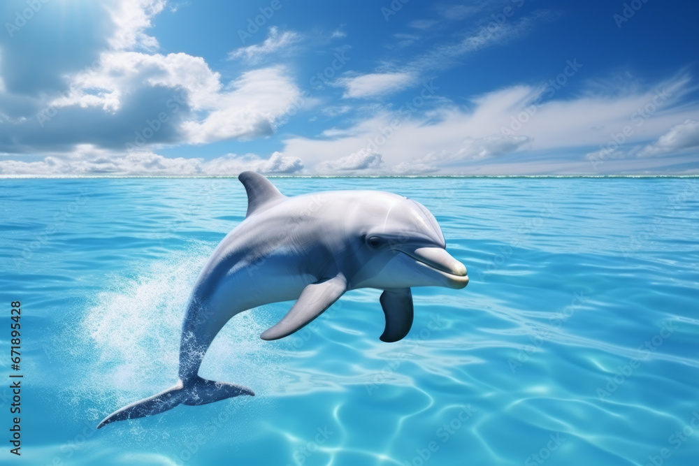 Fototapeta premium Dolphins are in the clear and beautiful sea water. This is the result of our efforts to protect the natural environment of the ocean. Concept for environment , conservation activities and marine life