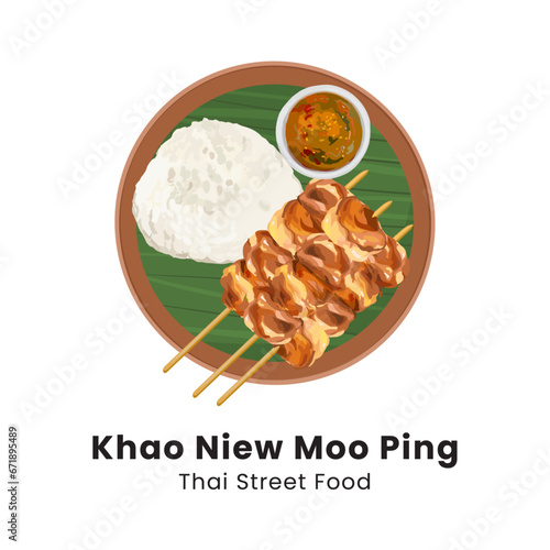 Moo Ping. Thai street food. Hand drawn vector illustration