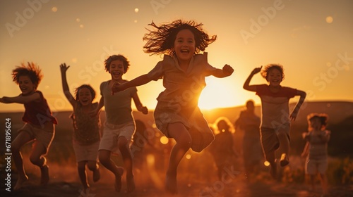 Group of children jumping having fun in nature, happy children during sunset photo