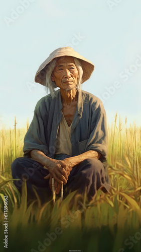 Elderly Asian farmer amidst ripe rice field.