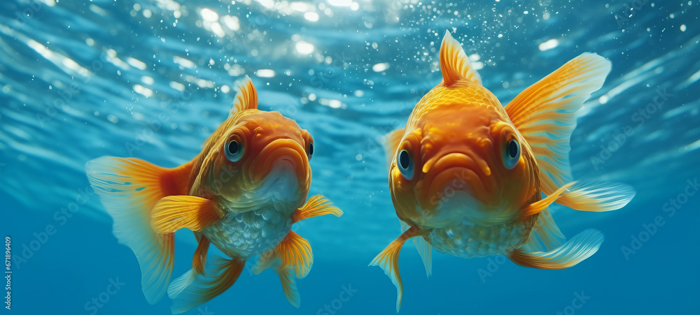 Naklejka premium two goldfish in blue water