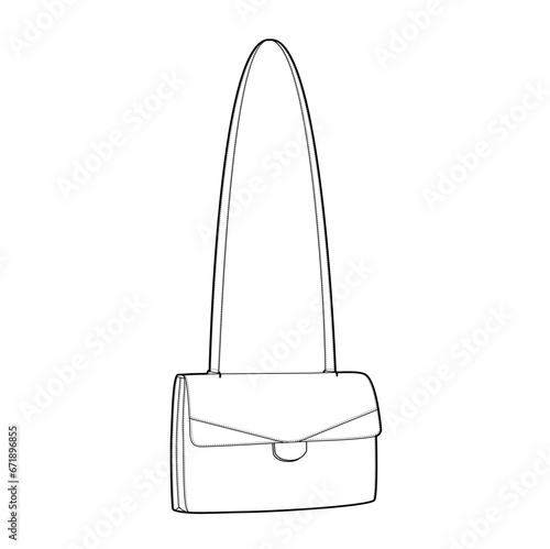 The 1970s Cross-Body Shoulder Bag. Fashion accessory technical illustration. Vector satchel front 3-4 view for Men, women, unisex style, flat handbag CAD mockup sketch outline isolated