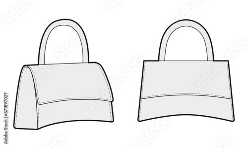 Hourglass Small Tote Bag silhouette. Fashion accessory technical illustration. Vector satchel front 3-4 view for Men, women, unisex style, flat handbag CAD mockup sketch outline isolated