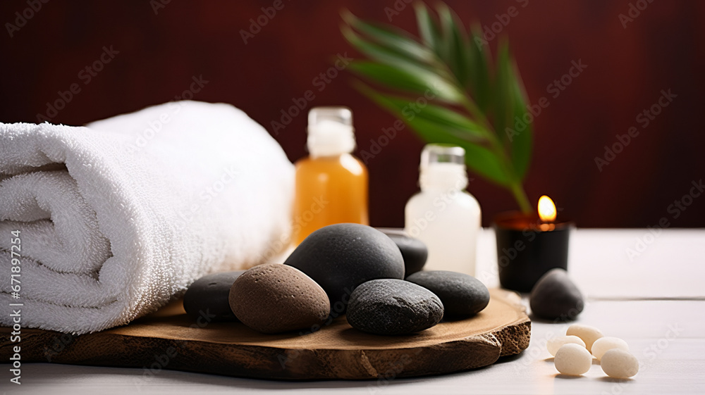 Stone therapy attributes for cosmetic procedures on a massage table. AI Generative. Stone therapy attributes for cosmetic procedures on a massage table. AI Generative.
