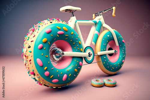 Sweet diet. Fat bike with wheels in shape of donuts with sprinkles. Concept of weight loss and sweets, balance of calories and sports. Image for article, blog, website about health and nutrition. photo