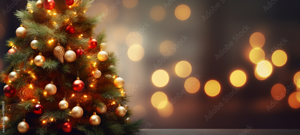 Decorated Christmas tree on blurred background. AI Generative.