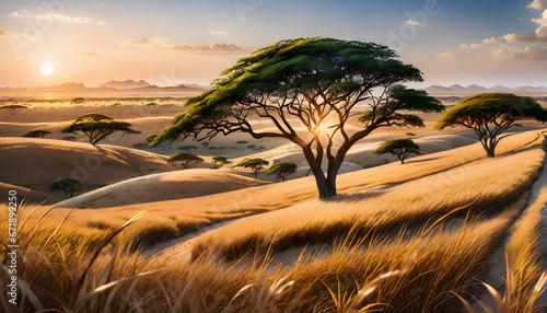 Sunrise savanna  grass fields in Africa 

 photo