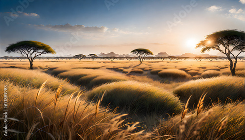 Sunrise savanna  grass fields in Africa 

