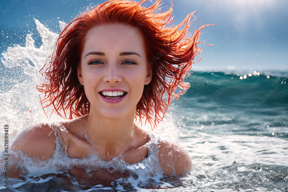 Obraz premium A young beautiful smiling girl with red hair is standing on the beach among the sea waves up to her chest in the water. The wind blows the hairstyle. Generative AI