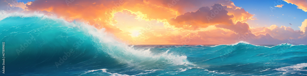 Panorama of ocean waves on a sunny day. Seascape illustration with stormy sea, turquoise water, sun and sky with clouds. Generative AI - obrazy, fototapety, plakaty 