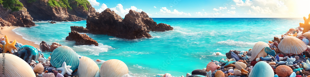 Panorama of ocean beach on a sunny day with big rock and many shells. Seascape illustration with sand beach, turquoise water and sky with white clouds. Generative AI - obrazy, fototapety, plakaty 